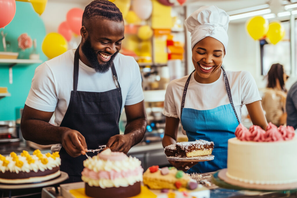A man and a woman are smiling at each other while working in a bakery. The bakery is filled with cakes and other desserts, and there are balloons in the background. Scene is happy and cheerful